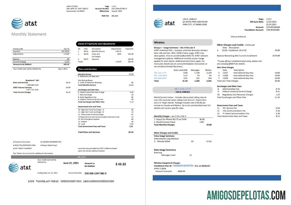 Para baixar modelo de conta de serviços públicos de telecomunicações da AT&T dos EUA, Texas, em formato Word e PDF (2 páginas)